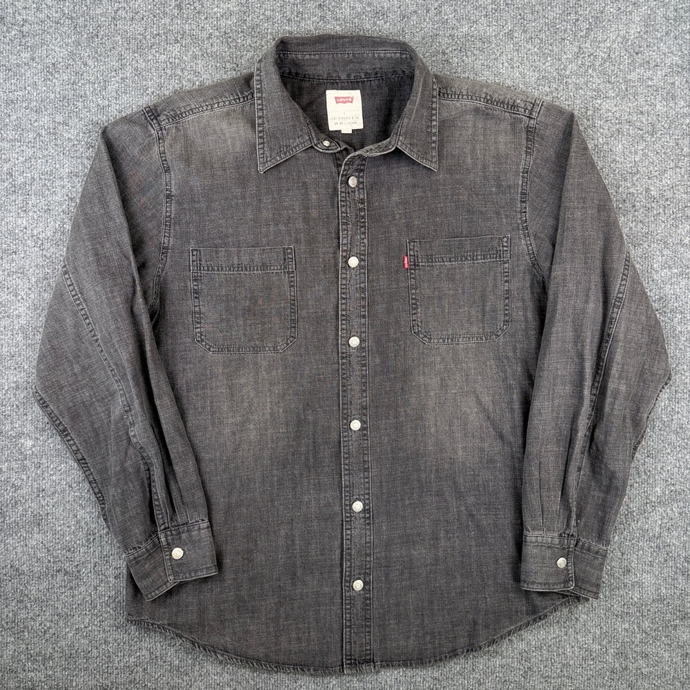 Levis Denim Shirt Mens L Black Faded Metal Buttons Long Sleeve Work Utility